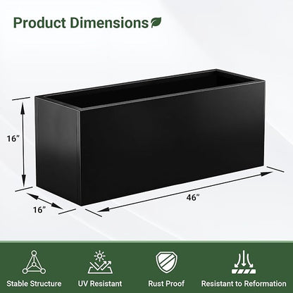 Metal Planter Box 46” x 16” x 16”, Tall Rectangle Planter Box | with Drainage Holes & Rust-Proof Coating, Modern Outdoor Black Planter Box for Porch, Garden, Patio, Yard