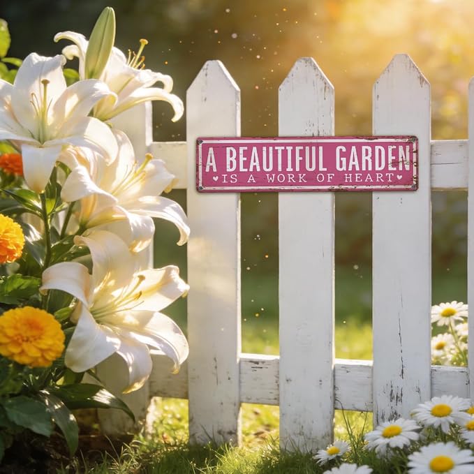 Vintage Garden Metal Tin Sign, A Beautiful Garden Is A Work of Heart Sign, Vintage Farmhouse Wall Art, for Yard Fence Door Porch, Rustic Outdoor Gardening Decoration, 15.7 x 3.9 Inches