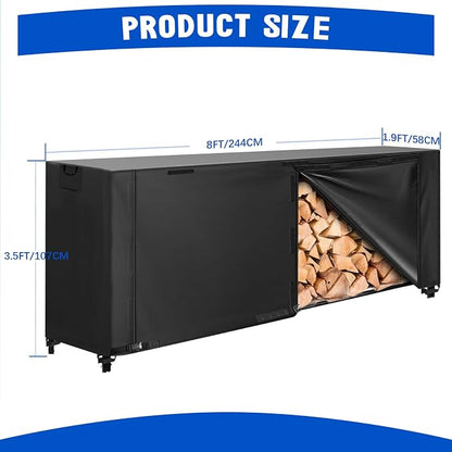 KALINCO 8FT Firewood Rack Cover, Heavy Duty 600D Waterproof Outdoor Firewood Storage Cover with Zipper and Hook Loop Tape (Log Rack not Included)