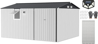 Garvee 10 x 12 FT Heavy-Duty Metal Outdoor Storage Shed with Motion Sensor Solar Light and Window,Pegboard Tool Organizer, Lockable Doors and 4 Air Vents, Garden Shed for Patio, Garage, Backyard