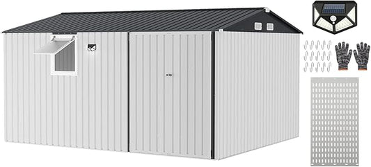 Garvee 10 x 12 FT Heavy-Duty Metal Outdoor Storage Shed with Motion Sensor Solar Light and Window,Pegboard Tool Organizer, Lockable Doors and 4 Air Vents, Garden Shed for Patio, Garage, Backyard