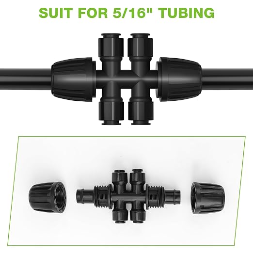Bonviee 10 Pack 5/16” to 1/4” Push-to-Connect Tee, Split 5/16” Tubing into Four 1/4” Lines, Quick Connect Drip Irrigation Fittings, Leak-Proof 6-Way Splitter for Garden, Lawn, Greenhouse