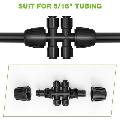 Bonviee 10 Pack 5/16” to 1/4” Push-to-Connect Tee, Split 5/16” Tubing into Four 1/4” Lines, Quick Connect Drip Irrigation Fittings, Leak-Proof 6-Way Splitter for Garden, Lawn, Greenhouse