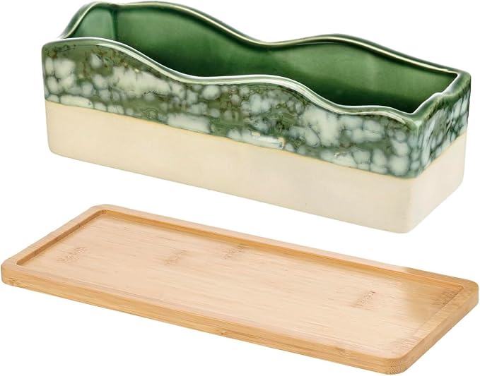 MyGift Rectangular Succulent Planter - Decorative Beige and Green Ceramic Glazed Plant Container Pot with Removable Bamboo Tray