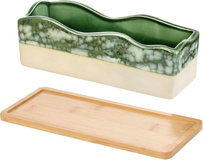 MyGift Rectangular Succulent Planter - Decorative Beige and Green Ceramic Glazed Plant Container Pot with Removable Bamboo Tray
