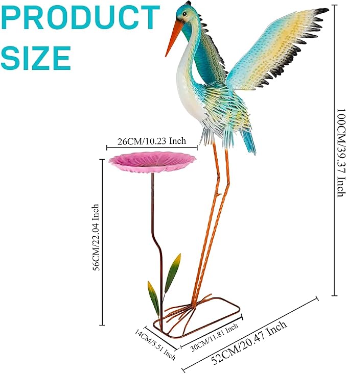 Large Heron Garden Statue for Outside,39" Crane Outdoor Statues with Leaf Tray,Metal Yard Art for Porch Backyard Patio Lawn Decor（Green+Pink）
