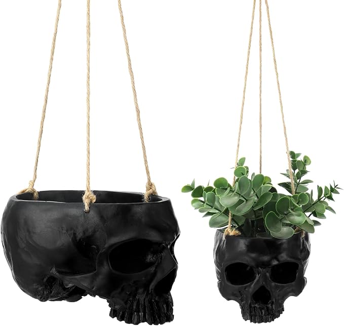 2 Pack Hanging Skull Planter Pot with Ropes Gothic Skeleton Plant Pot Skull Candy Bowl for Succulent Plants Flowers Horror Head Wall Decoration (Black)