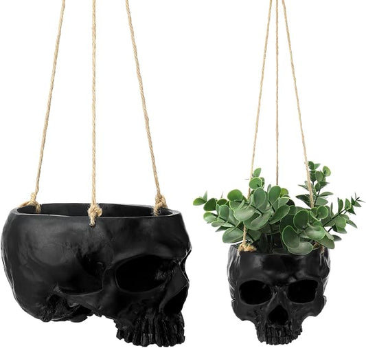 2 Pack Hanging Skull Planter Pot with Ropes Gothic Skeleton Plant Pot Skull Candy Bowl for Succulent Plants Flowers Horror Head Wall Decoration (Black)