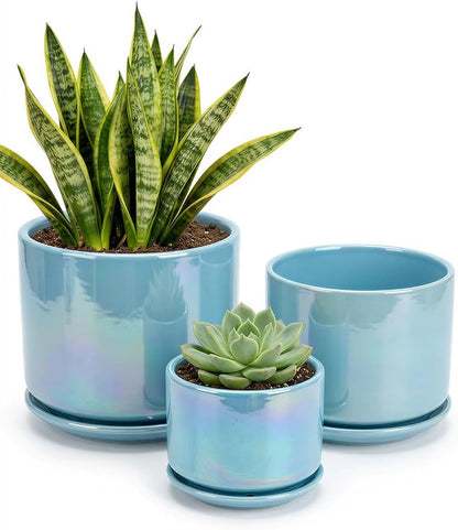 EFISPSS Ceramic Planter 4+5+6 Inch Ceramic Flower pots for Indoor Plants with Drainage,for Succulent Cactus,Garden Planters,Modern Decorative for Home Blue Pearl Glaze Plant Pots