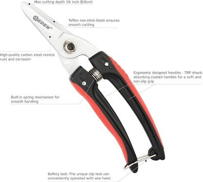 Eden 39006 Durable Bypass Trimming Shears, 1/4 Inch Cutting Diamter For Stems and Branches, HIgh Carbon Steel, Ergonomic Grip
