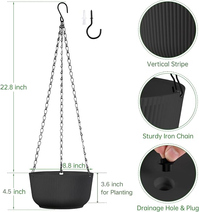 8 Inch Hanging Pots for Indoor Outdoor Plants Set of 2 | Self-Watering Hanging Planters with Internal Saucers, Drainage Holes & Plugs (Hooks)