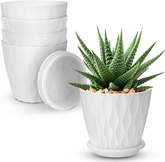 YNNICO 4 inch Plant Pots, 5 Pack Flower Pots Outdoor Indoor, Planters with Drainage Holes and Tray Saucers（White）
