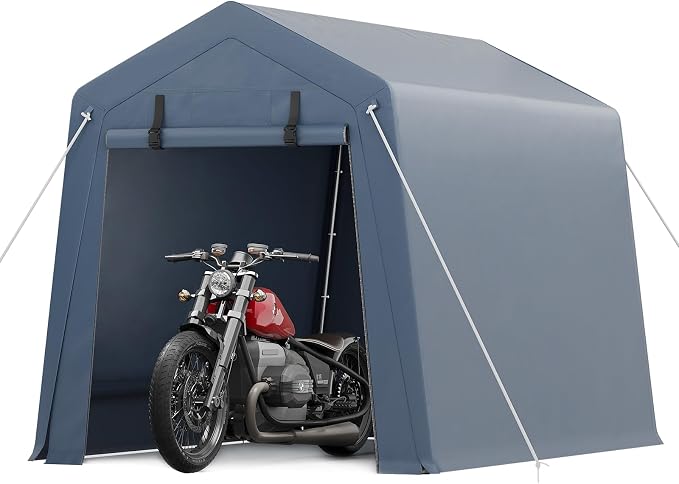 6x6 ft Outdoor Storage Shed, Portable Carport with Roll-up Ventilated Zipper Door and Windows, Heavy Duty Waterproof Tarp, Storage Sheds for Motorcycle, Bike, Firewood, Garden Tools