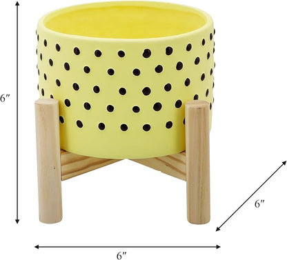 Ceramic Planter Pot with Wooden Stand – Indoor Outdoor Plant Holder with Black Polka-Dot Pattern, Decorative Pot Stand for Living Room, Entryway, Bedroom, Patio or Garden Décor – 6", Yellow