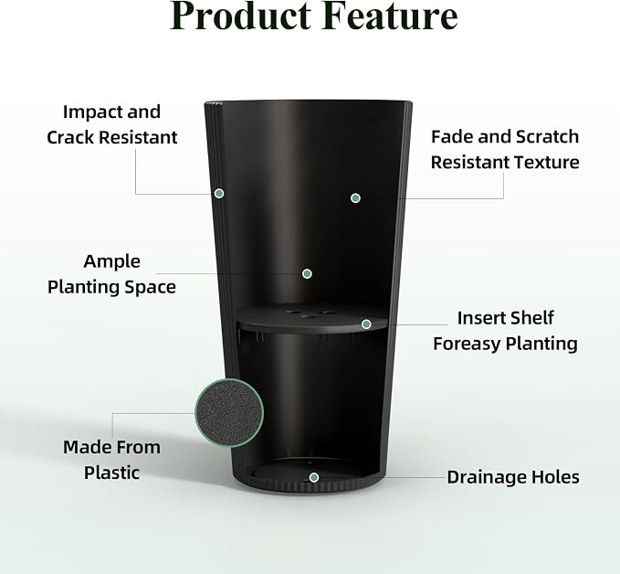 24" Black Outdoor Planter Set of 2, Tall Planters for Outdoor Plants with Drainage Hole, Large Flower Pots for Indoor Plants, Front Porch Decor/Patio, Plastic Striped