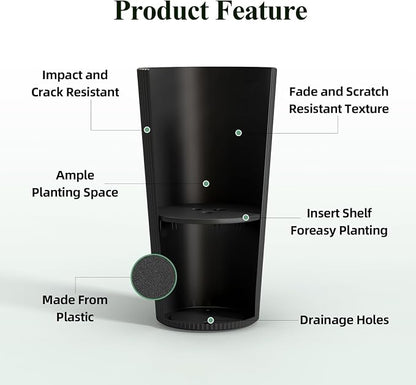 24" Black Outdoor Planter Set of 2, Tall Planters for Outdoor Plants with Drainage Hole, Large Flower Pots for Indoor Plants, Front Porch Decor/Patio, Plastic Striped