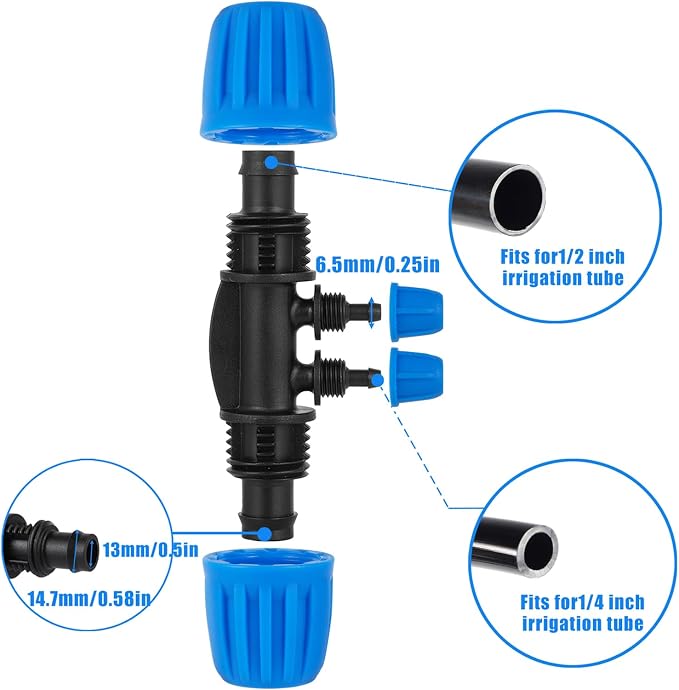 10 Pcs 1/2 to 1/4 inch Garden Hose Tubing Irrigation Fittings,4-Way Anti-Leak 1/2'' to 1/4'' Locked Barbed Drip Irrigation Tee Connectors (1/2"IDx0.6-0.63"OD) 1/2'' to 1/4'' Irrigation Tubing Fitting
