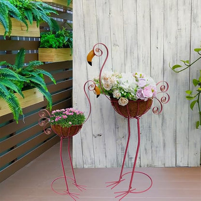 COOZZYHOUR Metal Flamingo Planter with Basket -Garden Bird Planters for Outdoor Indoor Lawn,Yard,Porch,Patio, Garden Decorations（Set of 2）