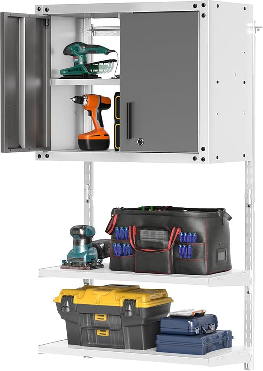 Goplus Garage Wall Cabinet, Metal Wall Mounted Tool Storage Chest with 3 Adjustable Shelves, Lockable Doors, Keys, Hanging Tool Cabinet for Workshop, Basement, Kitchen