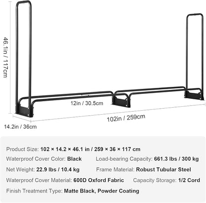 VEVOR 8.5FT Outdoor Firewood Rack with Cover, 102x14.2x46.1 in, Heavy Duty Firewood Holder & 600D Oxford Waterproof Cover for Fireplace, Patio, Indoor/Outdoor Log Storage Rack for 1/2 Cord of Firewood