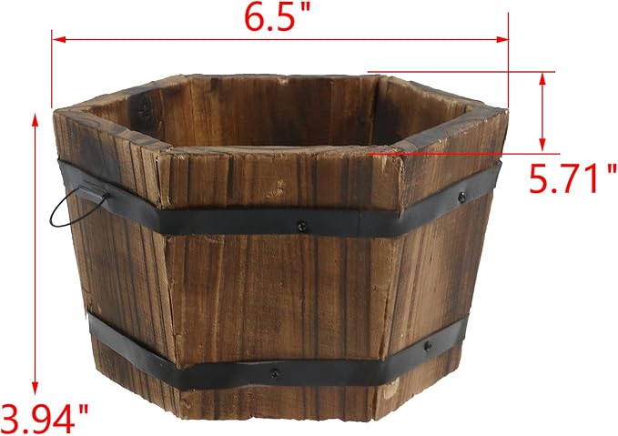 MY MIRONEY Plant Pots, Vintage Wooden Barrel Planter, 6.5" x 3.94" | Solid Rustic Garden Flower Pot with Metal Handles & Frame for Indoor Planter, Office Home Decor, Garden Home Plants