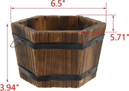 MY MIRONEY Plant Pots, Vintage Wooden Barrel Planter, 6.5" x 3.94" | Solid Rustic Garden Flower Pot with Metal Handles & Frame for Indoor Planter, Office Home Decor, Garden Home Plants