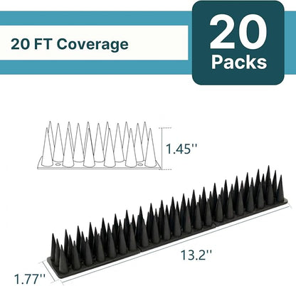 Bird & Animal Deterrent Spikes, 20 Packs Outdoor Plastic Spike Strips for Roof, Ledges, Fence, Walls & Railing, Humane Squirrel, Raccoon & Pigeon Barrier, 20 FT Coverage, Black