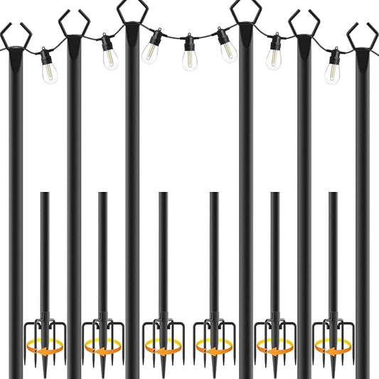 AILBTON 10Ft Exterior Light Poles 6 Pack, Durable Metal String Light Posts for Outdoor Use, Equipped with Fixed Brackets for Yard, Terrace, and Garden Lighting Decor and Backyard