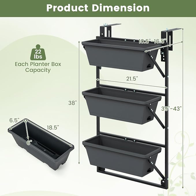 Giantex Set of 2 Vertical Raised Garden Bed, Hanging & Wall-Mounted Planter Garden Boxes, Adjustable Shelf & Detachable Hooks, 3-Tier Railing Raised Beds for Flower Strawberry Vegetable