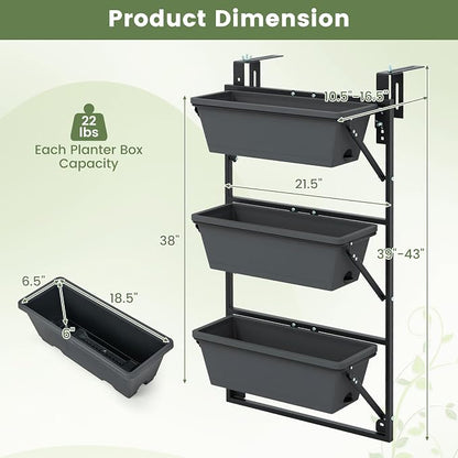 Giantex Set of 2 Vertical Raised Garden Bed, Hanging & Wall-Mounted Planter Garden Boxes, Adjustable Shelf & Detachable Hooks, 3-Tier Railing Raised Beds for Flower Strawberry Vegetable