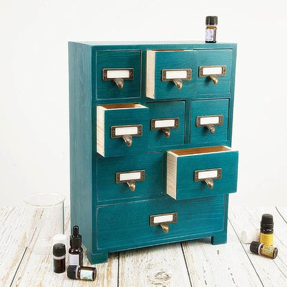 Apothecary Drawers Apothecary Cabinet with Drawers, Blue | 9 Drawer Library Card Catalog, Wooden Storage Box, Wooden Desktop Organizer with Metal Handles-Fulled Assembled