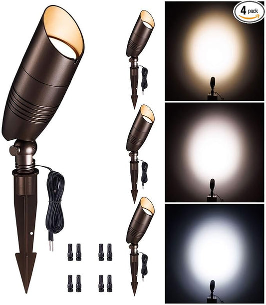 LED Spotlight, 3000K/4000K/5000K Adjustable Color Temperature Waterproof Outdoor Landscape Uplight, 12V AC/DC Wired Durable Aluminum ORB for Tree Garden Wall 4 Pack