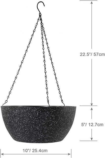 WSMKSZ 10 inch Hanging Planters for Outdoor Indoor Plants with Drainage Holes and Chain, 2 Pack Round Hanging Flower Pots for Garden Home Porch Decor, Speckled Black
