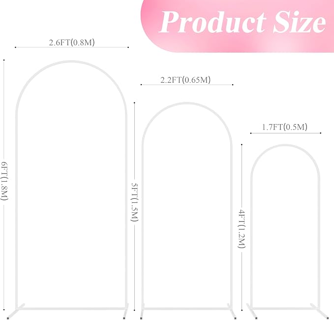 Wokceer Wedding Arch Stand Set of 3 6FT, 5FT, 4FT White Metal Arch Stand for Wedding Ceremony Birthday Party Baby Shower Garden Arch Decoration