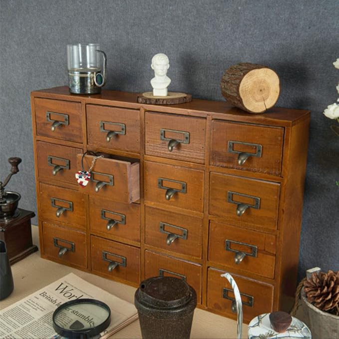 Apothecary Drawers Apothecary Cabinet with Drawers, Brown | 16 Drawer Library Card Catalog, Wooden Storage Box, Wooden Desktop Organizer with Metal Handles-Fulled Assembled