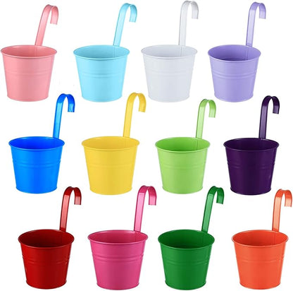 12 Pack Balcony Planters Railing Hanging, Colorful Railing Planter 6.4 Inch Plant Pots with Drainage Holes Hanging Plant Holder Indoor Hanging Planter Outdoor Flower Pots