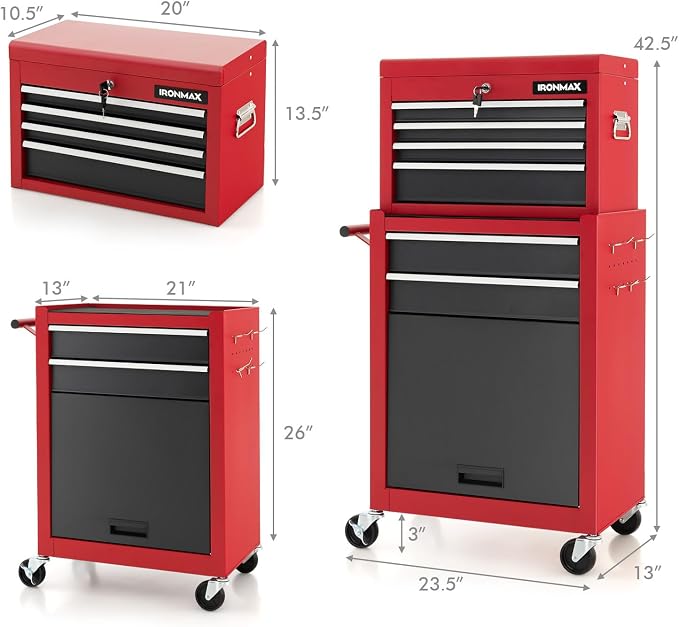 ERGOMASTER Tool Cabinet Chest Include 4-Drawers Removable Top Box + 2-Drawer & Caibinet Capacity Tool Storage with Wheels and Locking System - BlackRed 6-Drawers, TOOLBOX-2023