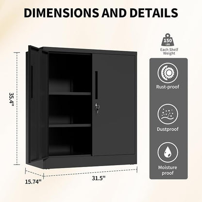 36"H Storage Cabinet with Doors and Shelves, Metal Cabinet with Lock, Steel Locking File Cabinet, Lockable Storage Cabinet, Garage Cabinet, Tool Cabinet for Home, Office,Garage, School, Black