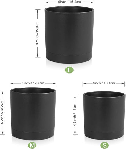 Meowell 6/5/4 inch Flower Pots, Set of 3 Cylinder Plant Pots for Small Indoor Outdoor Plants, Plastic Planters with Drainage Holes and Saucers for Garden Succulent Nursery House Plants, Black