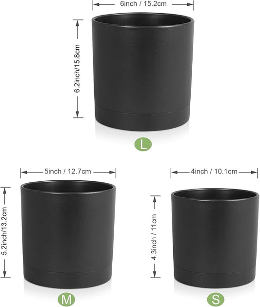 Meowell 6/5/4 inch Flower Pots, Set of 3 Cylinder Plant Pots for Small Indoor Outdoor Plants, Plastic Planters with Drainage Holes and Saucers for Garden Succulent Nursery House Plants, Black