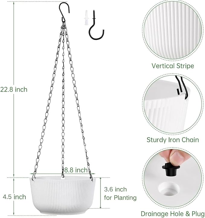 8 Inch Hanging Pots for Indoor Outdoor Plants Set of 2 | Self-Watering Hanging Planters with Internal Saucers, Drainage Holes & Plugs (Hooks)
