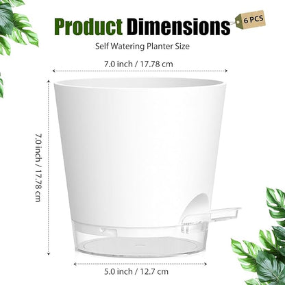 Plant Pots 7 Inch Self Watering Pots, 6 Pack Plastic Planters with Drainage Holes and Clear Saucers,Plastic Flower Pots for Indoor Out Door Plants(White)