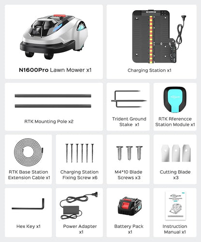 YARDCARE N1600 PRO Wireless Robotic Lawn Mower, RTK & Vision Navigation, Up to 0.4 Acre Coverage, Smart App Control, Multi-Zone Mapping, Systematic Mowing Robot