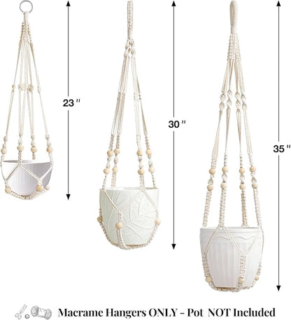 LEWESU 3 Pack Macrame Plant Hanger Indoor 3 Different Sizes Hanging Planter Basket Flower Pot Holder with Wood Beads & No Tassels for Boho Home Decor, 23, 30, 35 Inch, Ivory (Pot Not Included)