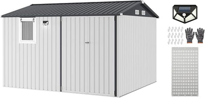 Garvee 10x8 FT Heavy-Duty Metal Outdoor Storage Shed with Solar Light | Motion Sensor Light, Window, Pegboard Tool Organizer, Lockable Doors, 4 Air Vents for Garden Patio Backyard Garage