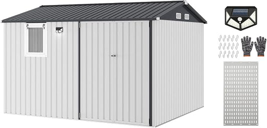 Garvee 10x8 FT Heavy-Duty Metal Outdoor Storage Shed with Solar Light | Motion Sensor Light, Window, Pegboard Tool Organizer, Lockable Doors, 4 Air Vents for Garden Patio Backyard Garage