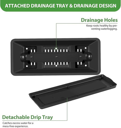 OYEAL Railing Planter Box Outdoor 4 Pack Hanging Balcony Planters 17 Inch Window Boxes Planter with Adjustable Brackets Plastic Flower Pots for Garden Deck Porch Railing Balcony Fence, Black & White