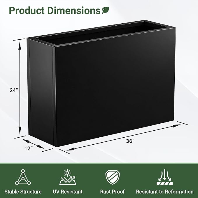 Metal Planter Box 36” x 12” x 24” for Porch, Garden, Patio, Yard | Heavy Duty Rectangle Planter Box with with Drainage Holes & Rust-Proof Coating, Modern Outdoor/Indoor Black Planter Box
