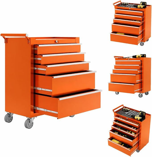 IDEALHOUSE Rolling Tool Chest, 5 Drawers Tool Storage Cabinet, Toolbox with Wheels, Portable Tool Cabinet Organizer with Locking System & Drawer Liners, Tool Storage Cart for Garage, Workshop, Orange