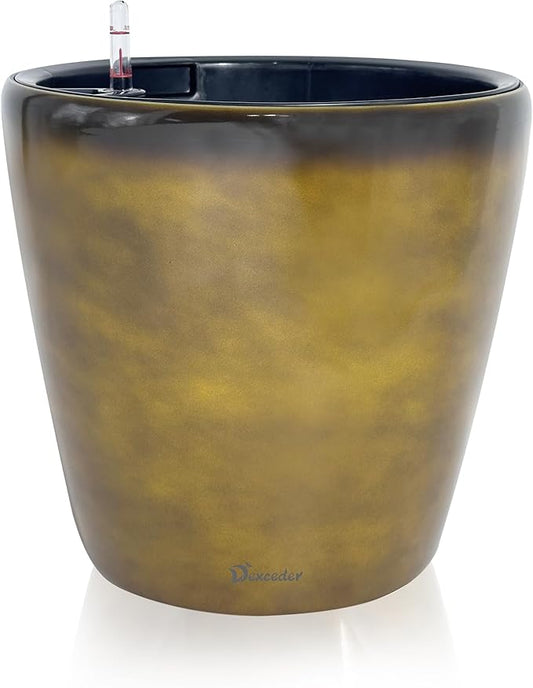 Dexceder 18x17 Self Watering Planter with Wheels (Yellow Brown Gradient) | Inner Pot Design, Thickened Large Floor Standing Flower Plant Pot with Water Level Indicator Indoor Outdoor
